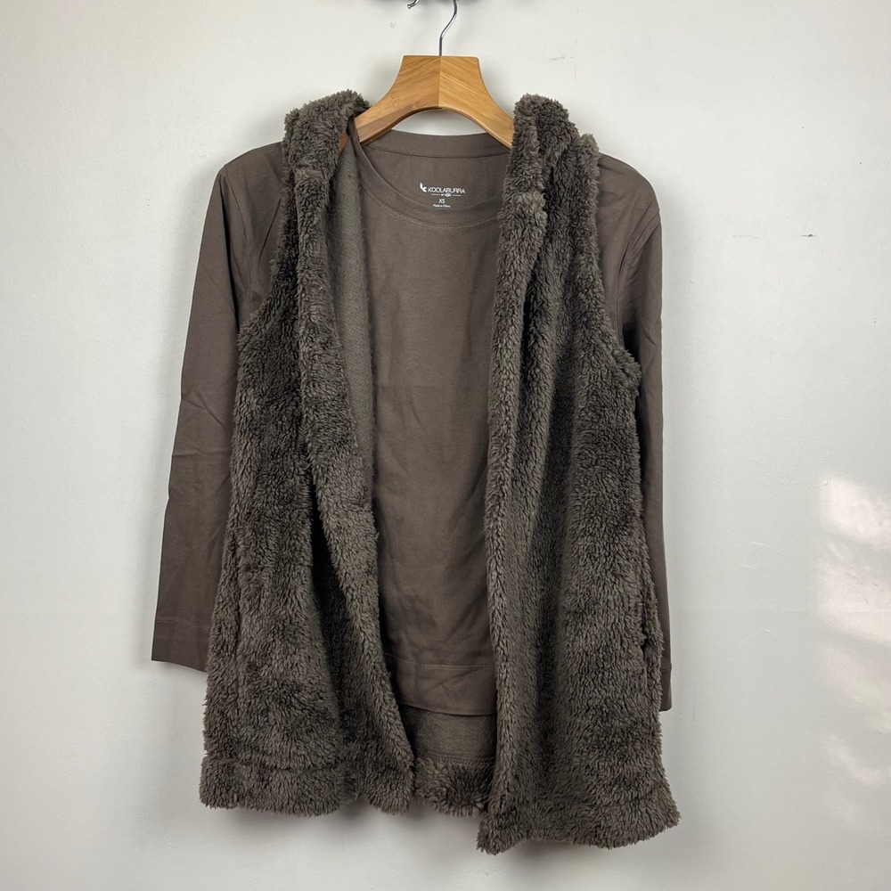 Koolaburra by‎ UGG Women Brown Faux Fur Hooded Vest and Long Sleeve Top Set XS